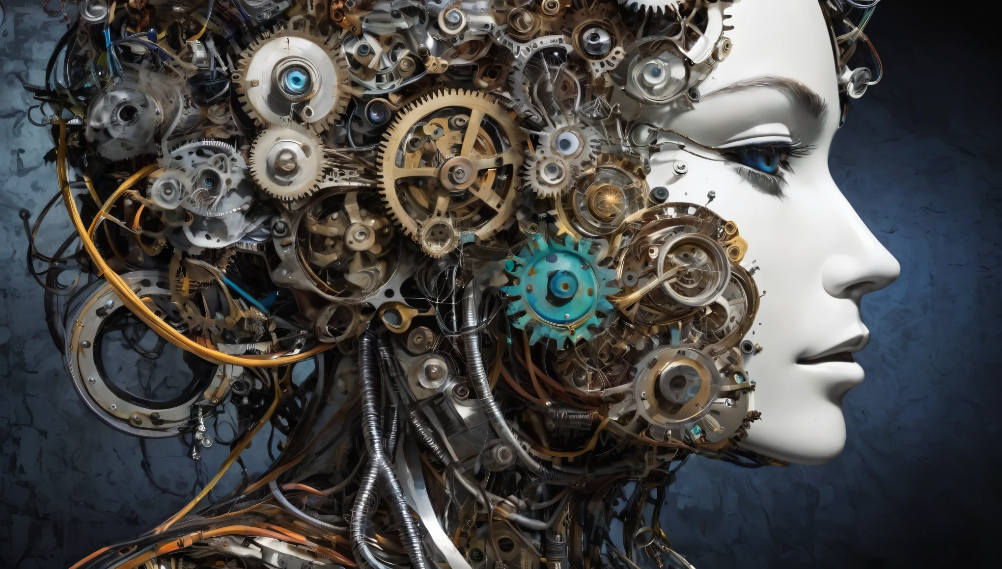 A surreal, abstract portrait of a human face made up of various mechanical and organic elements, including gears, wires, and organic textures. The face appears to be partially obscured or distorted, creating a sense of mystery and complexity.