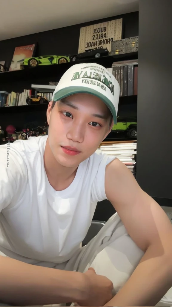 there is a man sitting on a bed wearing a hat, hong june hyung, taejune kim, kim doyoung, hyung tae, jimin\'s right eyelid swollen, jung jaehyun, jimin\'s grecian nose, jinyoung shin, park jimin, hyung tae kim, yanjun chengt, jimin, wan adorable korean face, jaeyeon nam, leaked image