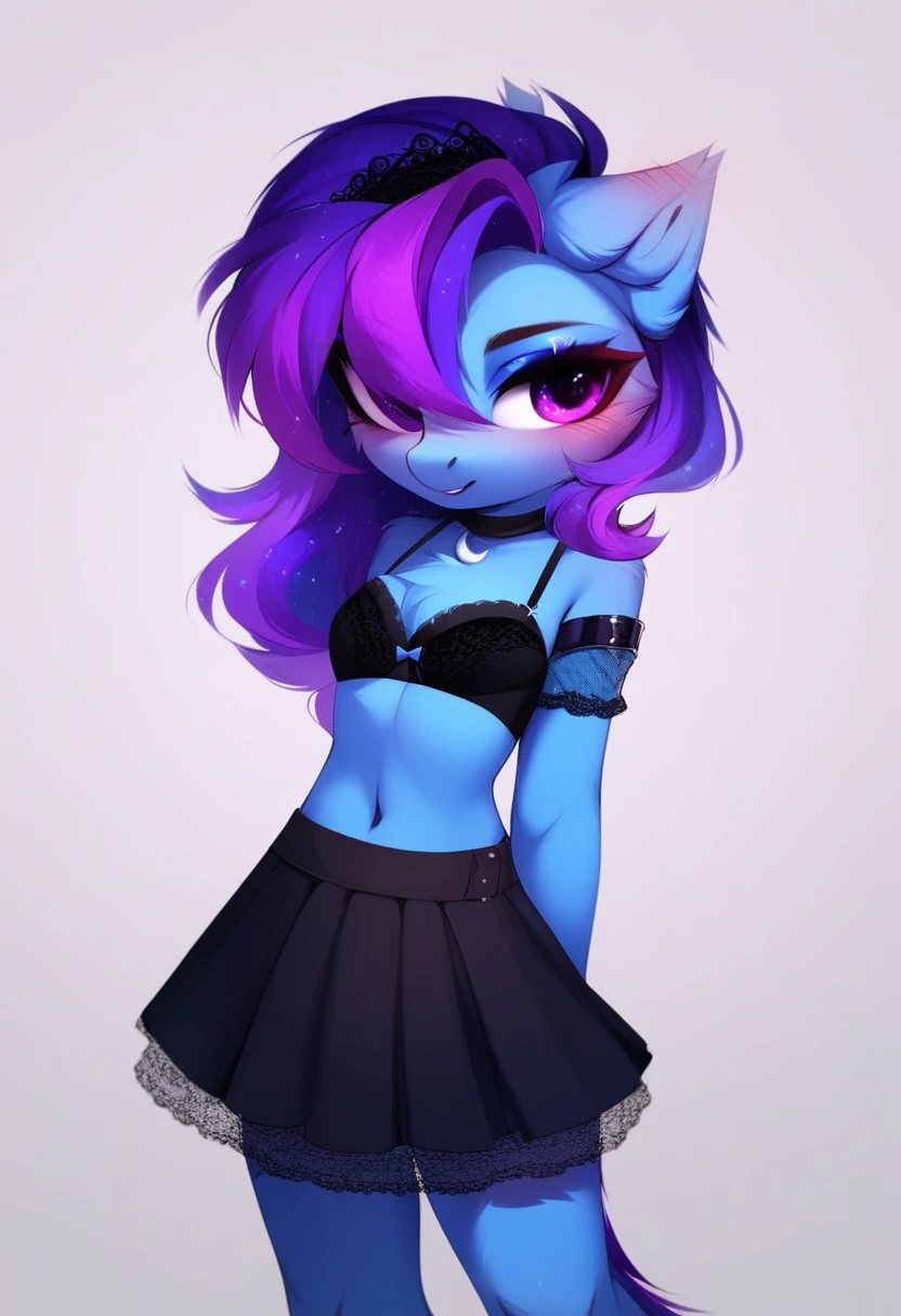 check_9, check_8_up, check_7_up, source_fluffy, rating_safe, from Magnaluna, Luna poses seductively in a gothic bedroom, antro, blushing, blue body, purple mane, black lingerie skirt