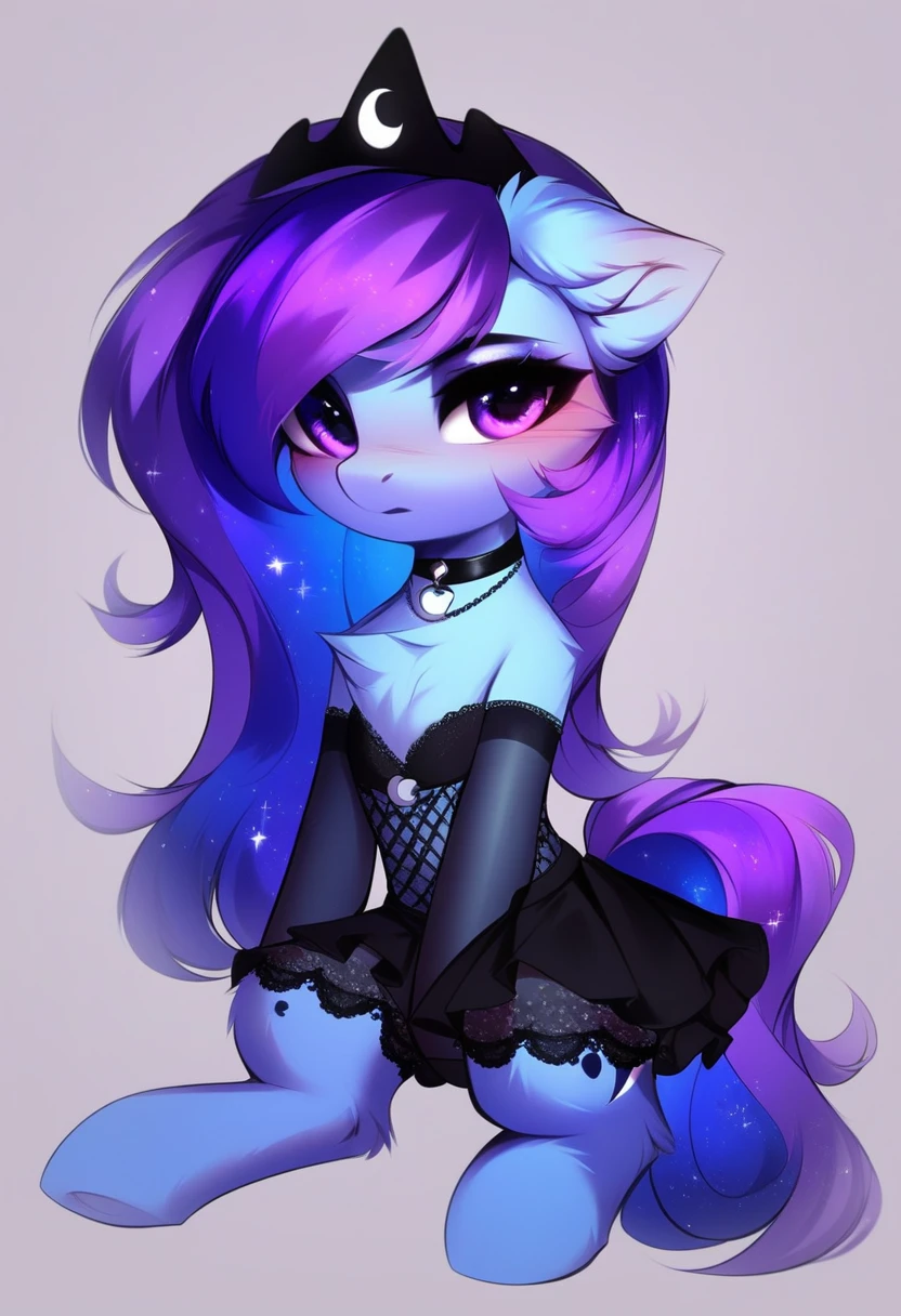 check_9, check_8_up, check_7_up, source_fluffy, rating_safe, from Magnaluna, Luna poses seductively in a gothic bedroom, antro, blushing, blue body, purple mane, black lingerie skirt 