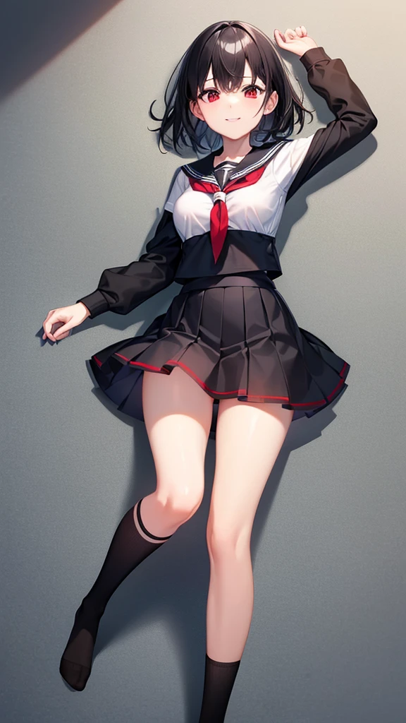 ( Absurd , high quality , Super detailed, Watch your hands,Pay attention to the shape of your legs )Black short hair,Red eyes,Small breasts,Sailor suit,Skirt length below the knee,high school girl,In a school classroom,smile,Socks are above the knee,Black socks