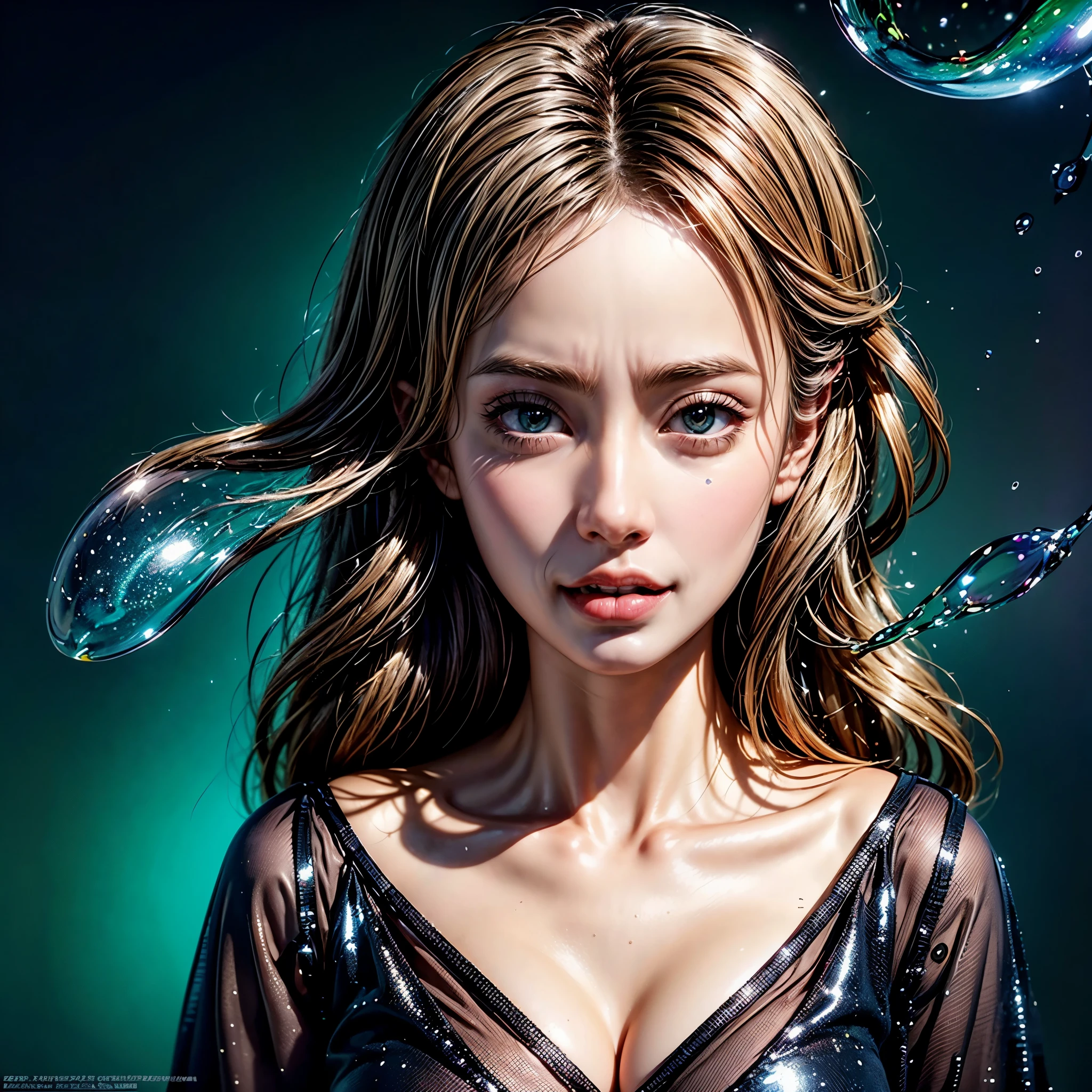 a Stunning girl's face reflecting rainbow colors in shimmering bubbles, extremely detailed, 8k, masterpiece, photorealistic, professional photo, from above, cinematic lighting, vivid colors, high quality, hyper detailed, volumetric lighting, studio lighting, intricate details, visually stunning, digital art, concept art, fantasy, dreamlike, ethereal, mesmerizing