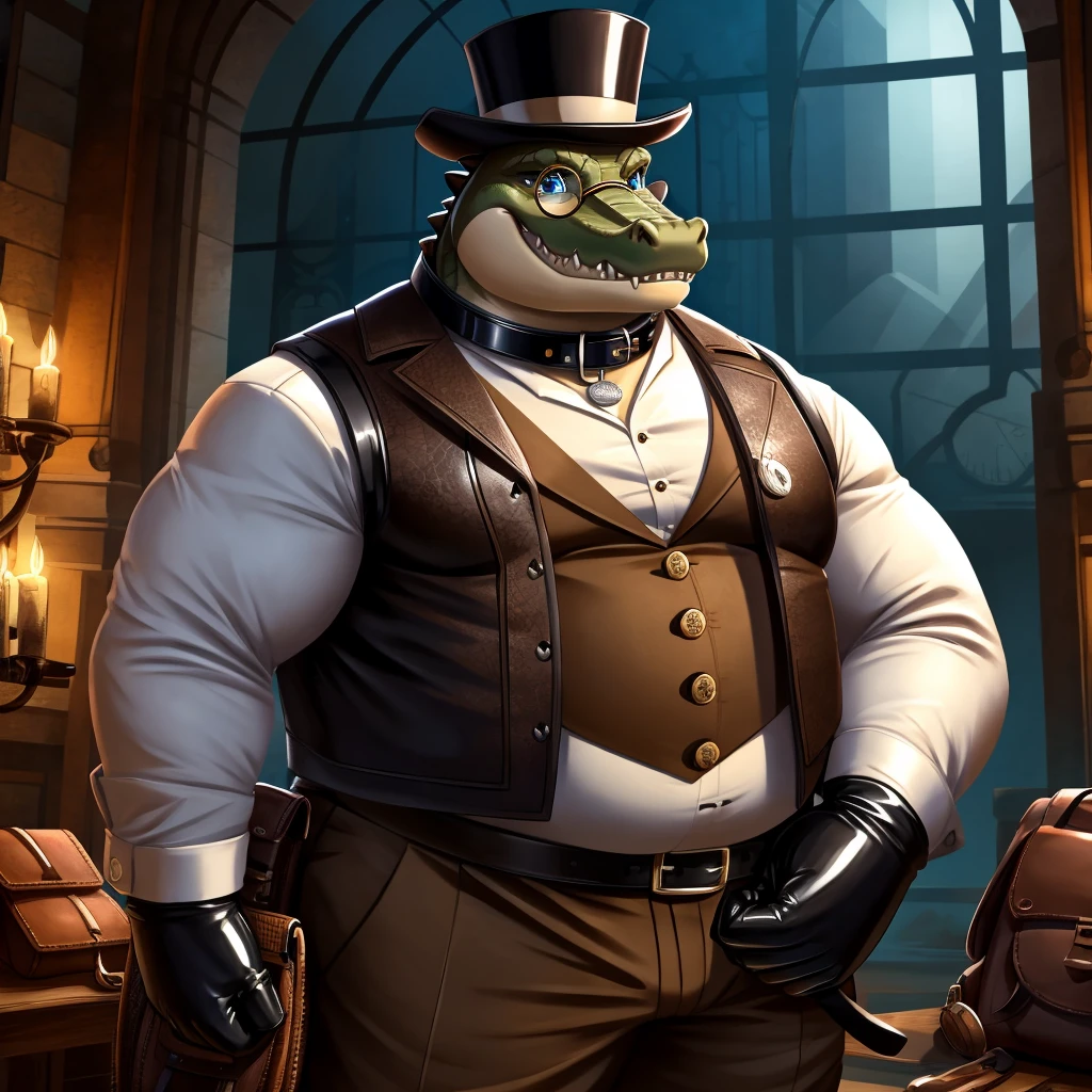 Solo, Male, fat, extremely obese, gentleman, dapper Professor Crocodile, blue eyes, (posing:1.3), (soft shading), 4k, hi res, ((detailed face, detailed)), looking at viewer, evil grin, steampunk, collared shirt with buttons, top hat, male focus, Explorer Outfit, glasses, monocle, bag, vest with buttons, backpack, sleeves rolled up, round eyewear, brown headwear, brown vest, Crocodile is wearing a glossy leather dog collar around the neck, Crocodile is wearing the leather collar and shirt and vest at the same time, Crocodile is wearing glossy white rubber gloves on the hands, wearing white rubber gloves on the feet, gloves are rubber in texture, clenching teeth, clenching fists, leather collar is glossy and shiny with a lot of detail, Crocodile is wearing gloves and leather collar at the same time, leather collar has a round dog-tag, leather collar is thick and detailed.