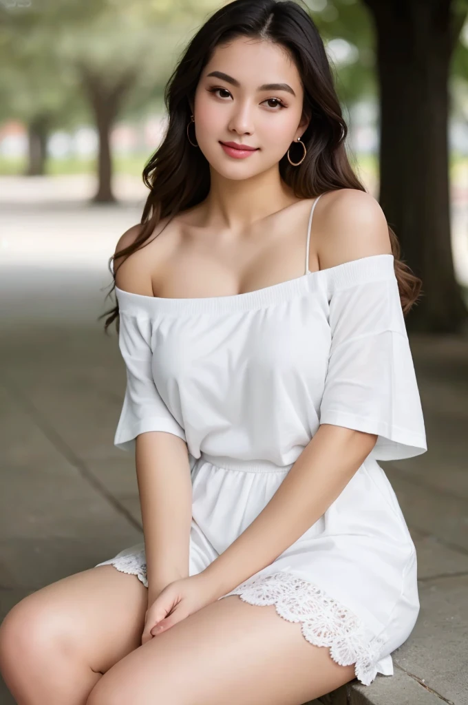((best quality)), ((masterpiece))Innocent 20 year old girl、((Oversized white T-shirt,Dramatic poses)),Smile,Park background、Raw photo, (8K、top-quality、masterpiece:1.2)、(intricate detailes:1.4)、(Photorealsitic:1.4)、octane renderings、Complex 3D rendering ultra detail, Studio Soft Light, Rim Lights, vibrant detail, super detailing, realistic skin textures, Detail Face, Beautiful detail eyes, Very detailed CG Unity 16k wallpaper, make - up, (detailedbackground:1.2), shinny skin, Full body、From head to thigh、cleavage of the breast,((sitting with open legs)), (detailed), 1girl, off-shoulder sweater,