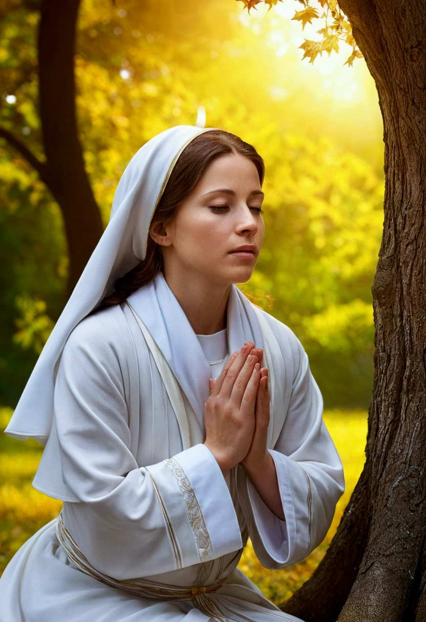 ((Holy Anne. 35 years old))) With a serious and pious face. With a gentle and tender look))) (((Image of Ana kneeling in prayer under a tree, ))) (((an angel in front of her appearing and bringing the divine message)))(Masterpiece, maximum quality, best quality, official art, beautiful and aesthetic: 1.2), (1 girl), extremely detailed, (fractal art: 1.3), colorful, more detailed, perfect face, upper body, HDR, (praying: 1,3), (golden lines of the white coat: 1,2), galaxy, (light stripes), attractive visuals, (dynamic stripes, light paths: 1,2), vibrant colors,