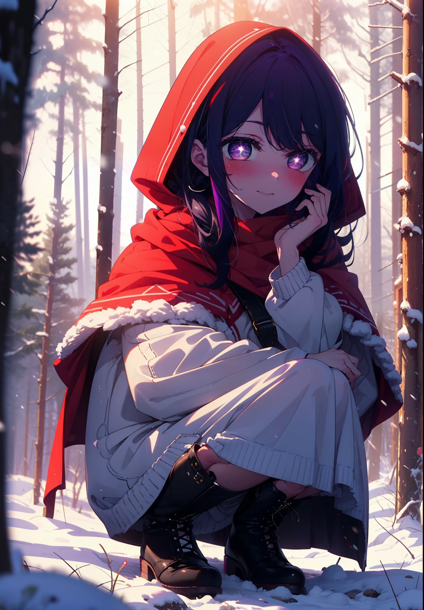 aihoshino, Ai Hoshino, Long Hair, bangs, (Purple eyes:1.1), Purple Hair, (Symbol-shaped pupil:1.5), smile,,smile,blush,White Breath,
Open your mouth,snow,Ground bonfire, Outdoor, boots, snowing, From the side, wood, suitcase, Cape, Blurred, , forest, White handbag, nature, Squat, Mouth closed, Cape, winter, Written boundary depth, Black shoes, red Cape break looking at viewer, Upper Body, whole body, break Outdoor, forest, nature, break (masterpiece:1.2), Highest quality, High resolution, unity 8k wallpaper, (shape:0.8), (Beautiful and beautiful eyes:1.6), Highly detailed face, Perfect lighting, Extremely detailed CG, (Perfect hands, Perfect Anatomy),