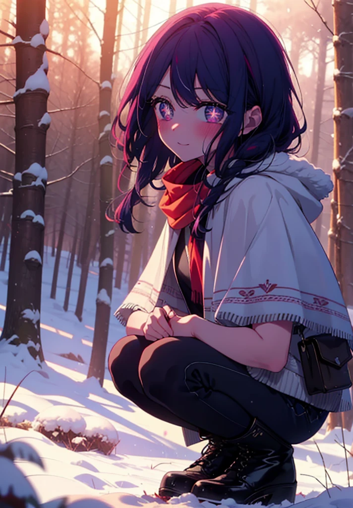 aihoshino, Ai Hoshino, Long Hair, bangs, (Purple eyes:1.1), Purple Hair, (Symbol-shaped pupil:1.5), smile,,smile,blush,White Breath,
Open your mouth,snow,Ground bonfire, Outdoor, boots, snowing, From the side, wood, suitcase, Cape, Blurred, , forest, White handbag, nature,  Squat, Mouth closed, Cape, winter, Written boundary depth, Black shoes, red Cape break looking at viewer, Upper Body, whole body, break Outdoor, forest, nature, break (masterpiece:1.2), Highest quality, High resolution, unity 8k wallpaper, (shape:0.8), (Beautiful and beautiful eyes:1.6), Highly detailed face, Perfect lighting, Extremely detailed CG, (Perfect hands, Perfect ???????),