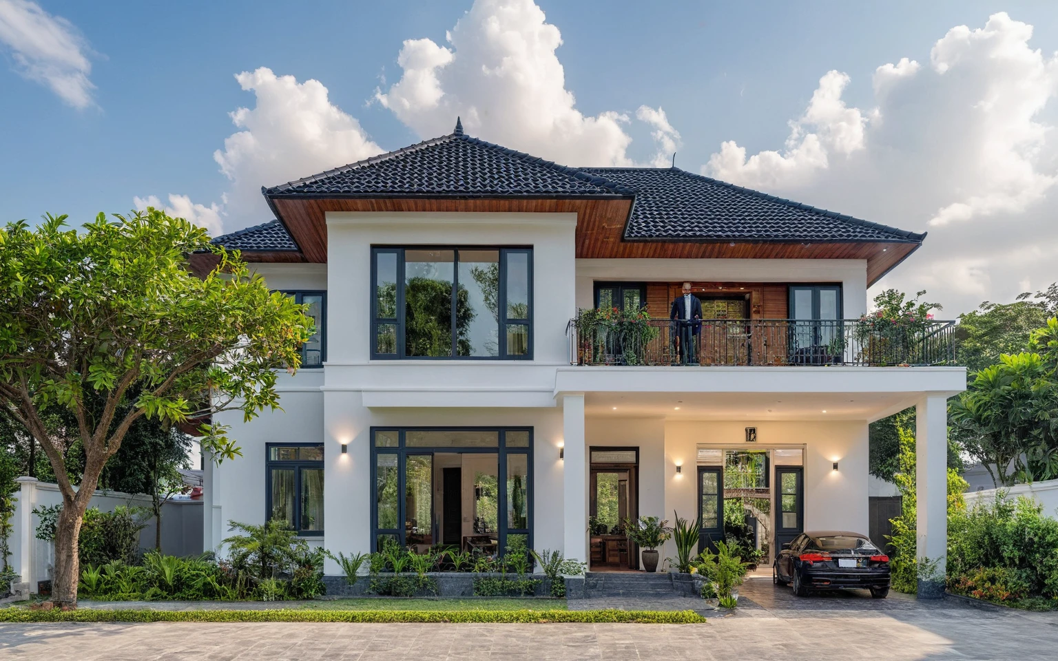 (masterpiece:1.2), best quality, photo of A two-story modern house in VietNam with white walls and dark tiles on the roof., tree and plant environment,daylight, streetcapes, natural light, vivid color, The exterior of an elegant single family home features large windows, a dark gray door frame.