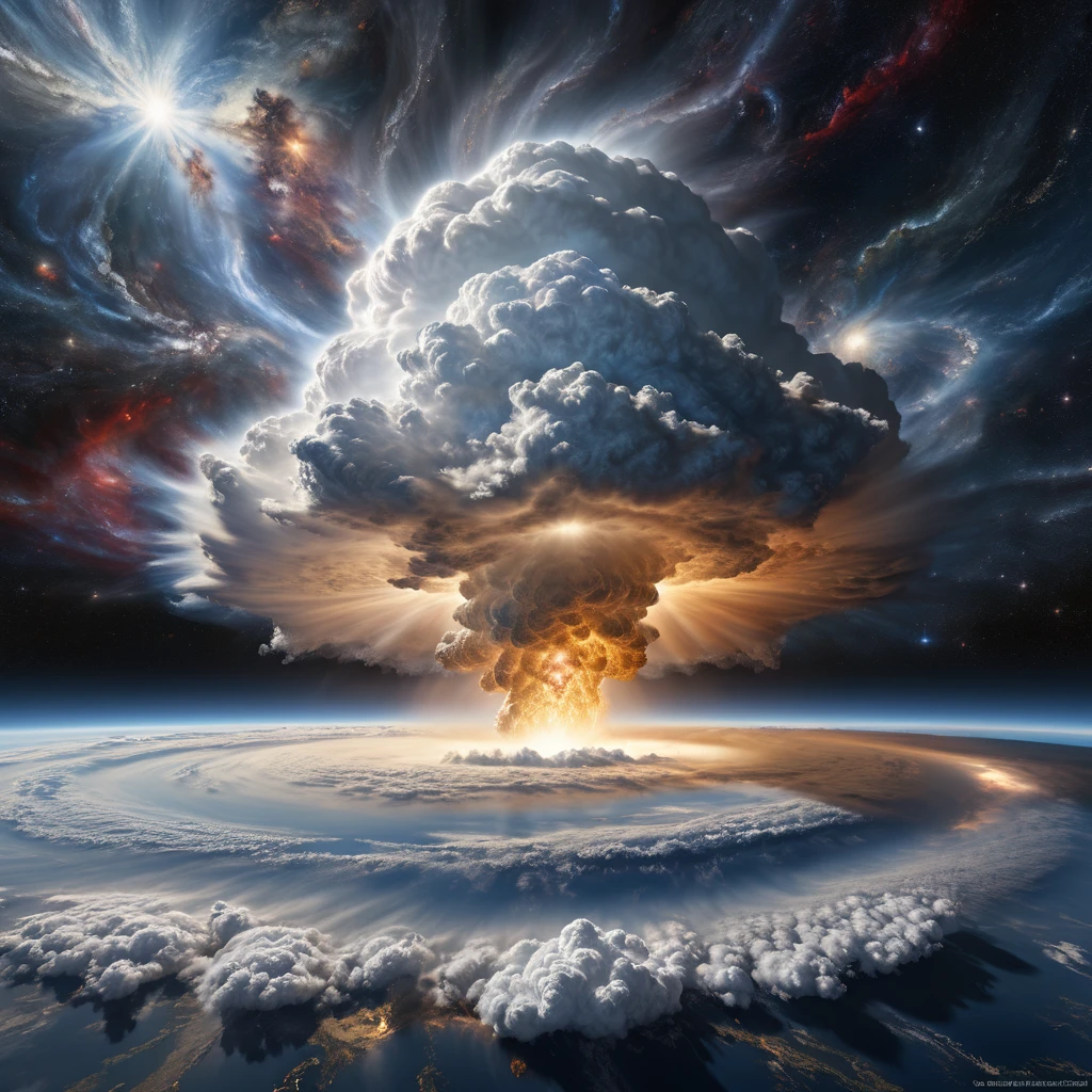 god, Almighty Creator of the Universe, Bigger than all the galaxies, A highly detailed diagram of a super-giant cloud of energy in the middle of the universe, Hyper Sharp, Ultra-realistic, Complex, 32k, Photorealism Style