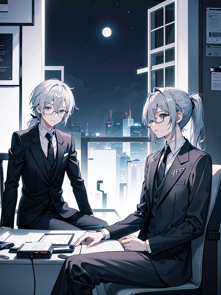 （Mastepiece）（High definition）Male android in his 20s、Gray Hair、ponytail、hat、Tuxedo、tie、Wearing black-rimmed glasses、Sitting、background（A science fiction-like electronic world、A space that feels like the inside of a machine、Virtual space、Near future、I can see the full moon outside my window）