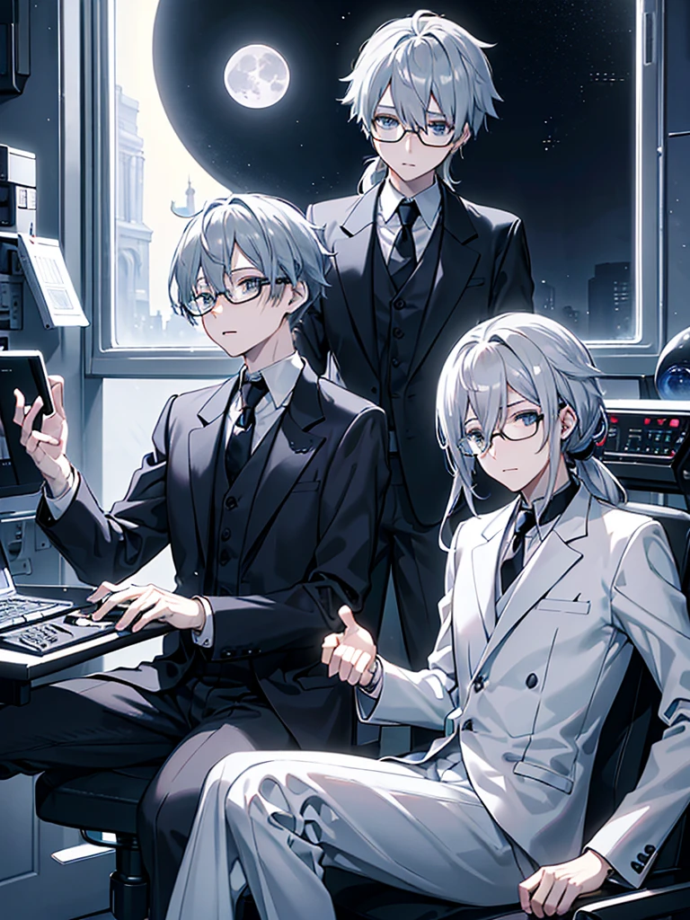 (Mastepiece)(High definition)Male android in his 20s、Gray Hair、ponytail、hat、Tuxedo、tie、Wearing black-rimmed glasses、Sitting、background(A science fiction-like electronic world、A space that feels like the inside of a machine、Virtual space、Near future、I can see the full moon outside my window)