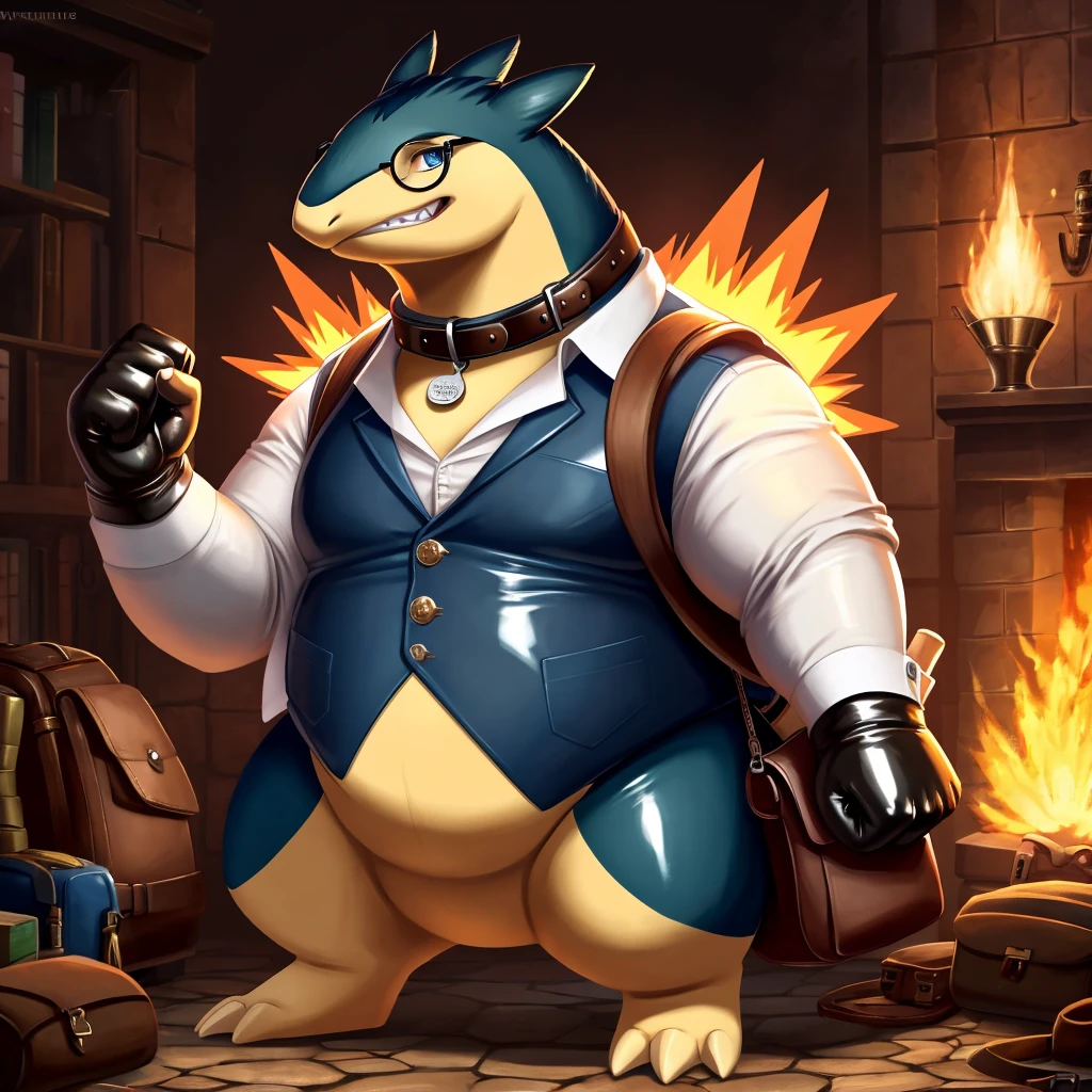 Solo, Male, fat, squatting, wealthy, high class, extremely obese, gentleman, dapper, Professor Typhlosion, having his penis milked by a penis pump, blue eyes, (soft shading), 4k, hi res, ((detailed face, detailed)), looking at viewer, evil grin, collared shirt with buttons, top hat, male focus, Tuxedo, glasses, monocle, bag, vest with buttons, backpack, sleeves rolled up, round eyewear, brown headwear, brown vest, Typhlosion is wearing a glossy leather dog collar around the neck, Typhlosion is wearing the leather collar and shirt and vest at the same time, Typhlosion is wearing glossy white rubber gloves on the hands, wearing white rubber gloves on the feet, Typhlosion is wearing glossy white cuffs around the wrists with cufflinks, gloves are rubber in texture, clenching teeth, clenching fists, leather collar is glossy and shiny with a lot of detail, Typhlosion is wearing gloves and cuffs and cufflinks at the same time, leather collar has a round dog-tag, leather collar is thick and detailed, pump is shiny, pump goes around the shaft of the penis, penis is inserted in the pump, ejaculating into the pump, penis pump is on the penis, penis pump is cylindrical, penis pump is pumping sperm from the penis, penis pump has a white hose connected to a tank which stores sperm.