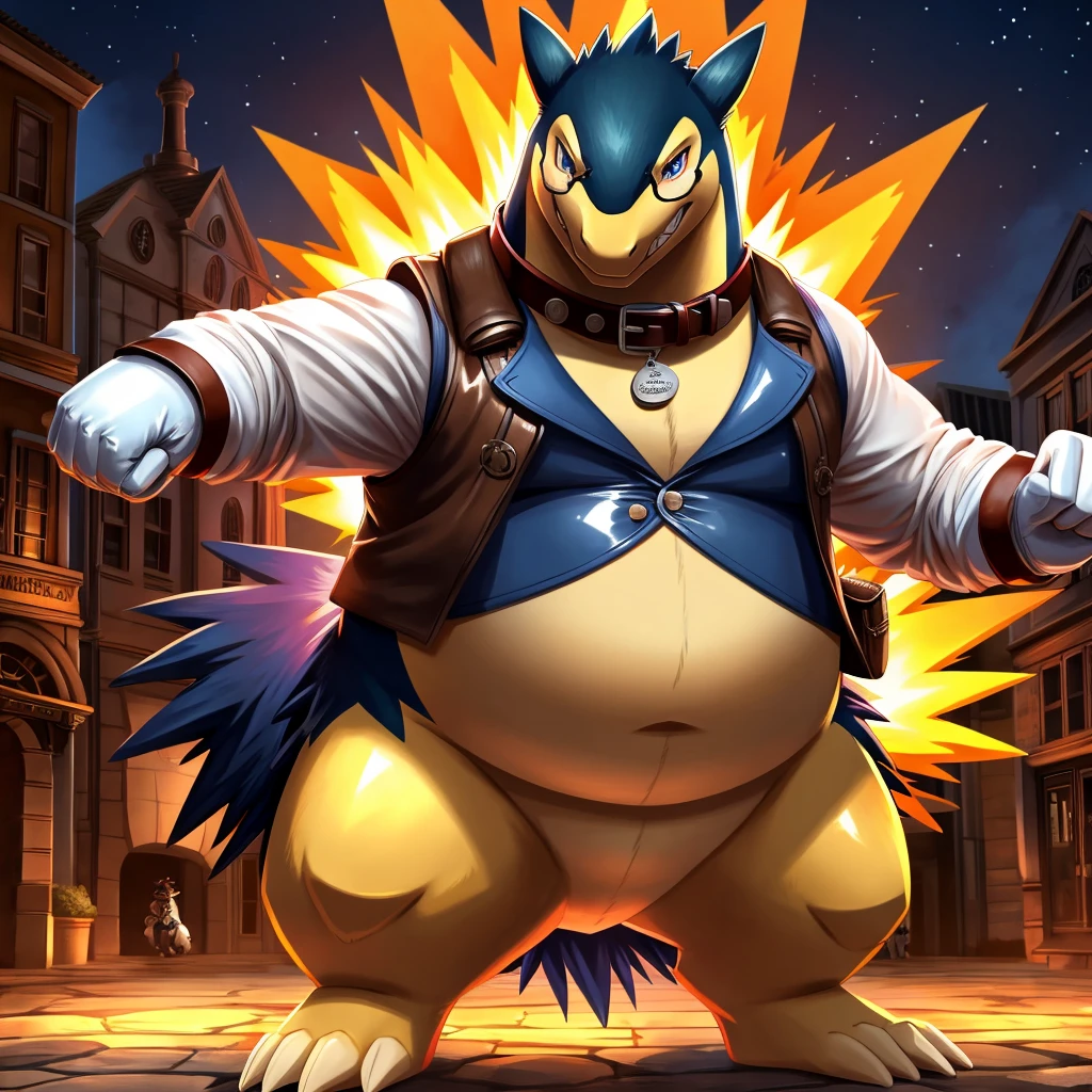 Solo, Male, fat, extremely obese, gentleman, dapper Professor Typhlosion, blue eyes, (posing:1.3), (soft shading), 4k, hi res, ((detailed face, detailed)), looking at viewer, evil grin, steampunk, collared shirt with buttons, top hat, male focus, Explorer Outfit, glasses, monocle, bag, vest with buttons, backpack, sleeves rolled up, round eyewear, brown headwear, brown vest, Typhlosion is wearing a glossy leather dog collar around the neck, Typhlosion is wearing the leather collar and shirt and vest at the same time, Typhlosion is wearing glossy white rubber gloves on the hands, wearing white rubber gloves on the feet, gloves are rubber in texture, clenching teeth, clenching fists, leather collar is glossy and shiny with a lot of detail, Typhlosion is wearing gloves and leather collar at the same time, leather collar has a round dog-tag, leather collar is thick and detailed.