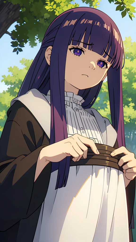 1girl,fern,fern_clothes,upper_body,(looking at viewer:1.1),half-closed eyes,shaded face,angry,closed_mouth,from below,outdoors,black_robe