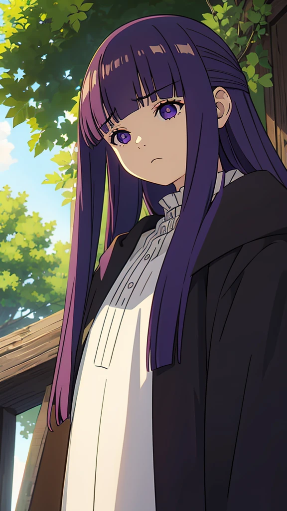 1girl,fern,fern_clothes,upper_body,(looking at viewer:1.1),half-closed eyes,shaded face,angry,closed_mouth,from below,outdoors,black_robe