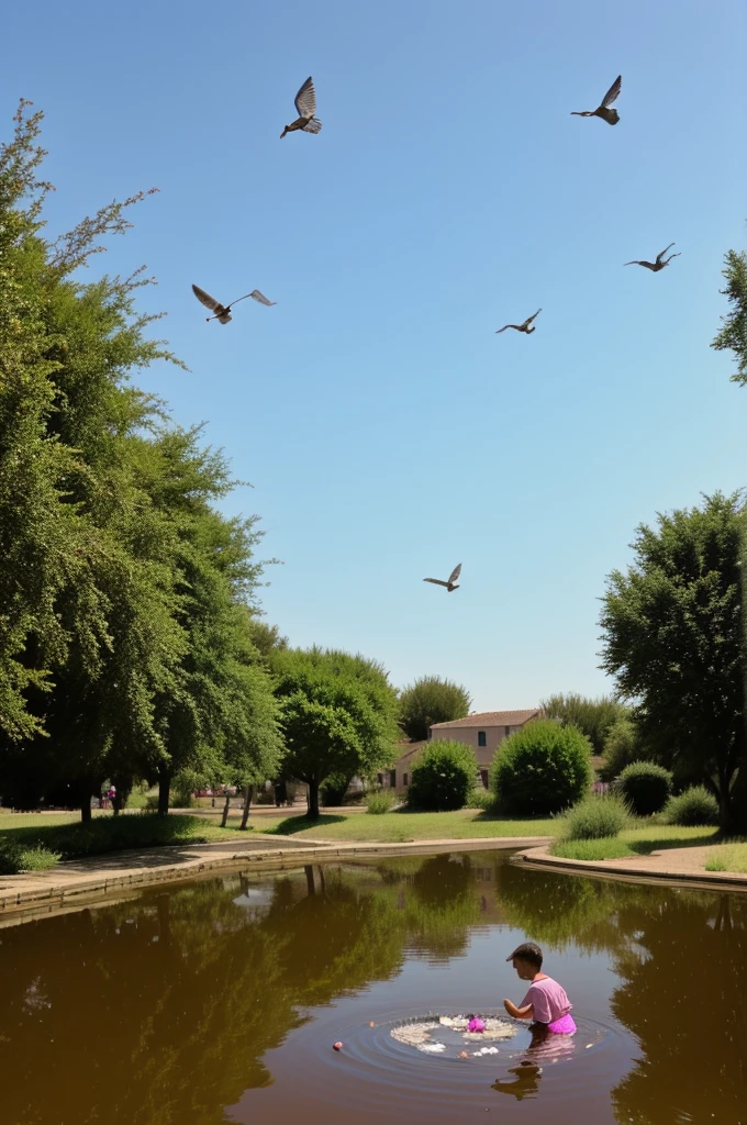 Two  sorcerers in a pink glowing pond, kissing each other while doves fly overhead.