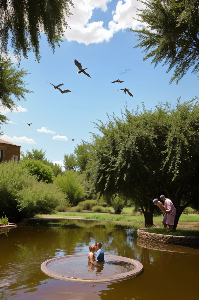 Two teen boy sorcerers in a pink glowing pond, kissing each other while doves fly overhead.