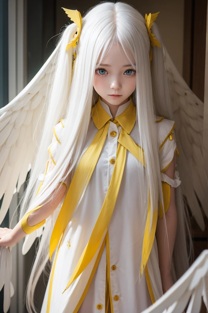 Girl with long white hair, yellow pupils, large white wings