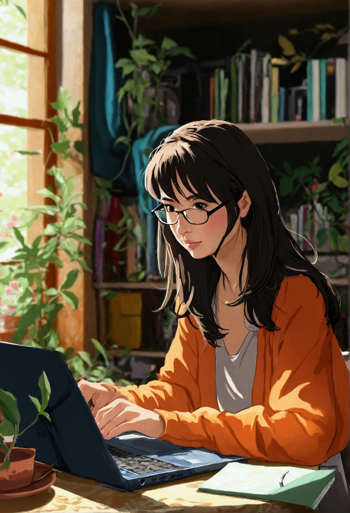 A woman in her 30s working on a laptop at home、simple、No background