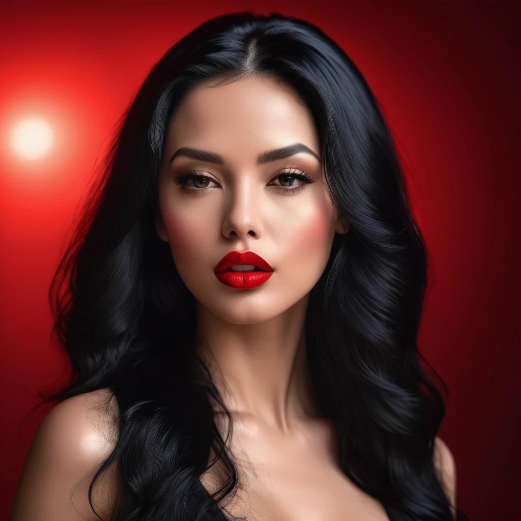 A woman portrayed with red lipstick and long black hair, featuring red lips in an ultra-realistic digital photography, head slightly up, sensual pose. The artwork is enhanced with 8K sensual lighting, showcasing light-red, glossy lips in a photorealistic style. The close-up portrait highlights a beautifully backlit face with luscious red lips, captured in a soft portrait shot at 8K resolution., sharp focus, photo-realistic, best quality, masterpiece, hdr