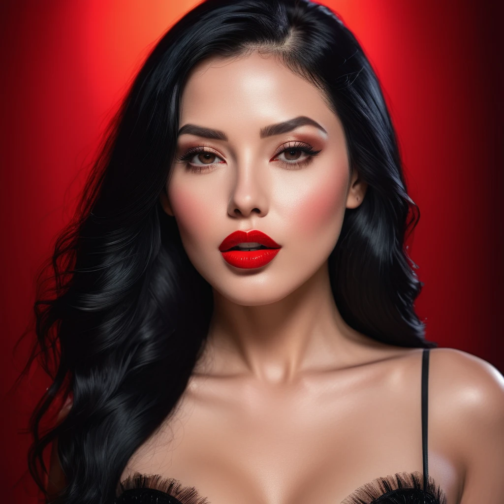 A woman portrayed with red lipstick and long black hair, featuring red lips in an ultra-realistic digital photography, head slightly up, sensual pose. The artwork is enhanced with 8K sensual lighting, showcasing light-red, glossy lips in a photorealistic style. The close-up portrait highlights a beautifully backlit face with luscious red lips, captured in a soft portrait shot at 8K resolution., sharp focus, photo-realistic, best quality, masterpiece, hdr