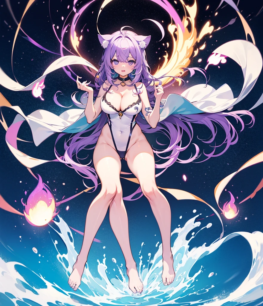  4K, (8K), Highest quality, Anime Style, Emphasize cleavage、Swimwear、Cat porridge、Purple hair color、Swimwear、Spread your legs、Wide-open legs、Knees point outwards、Showing off big breasts、nude、Big breasts beautiful whole body、Plump thighs、Footjob Gradient, Full Body Focus, Randomly colored beautiful eyes、Rainbow、colorful