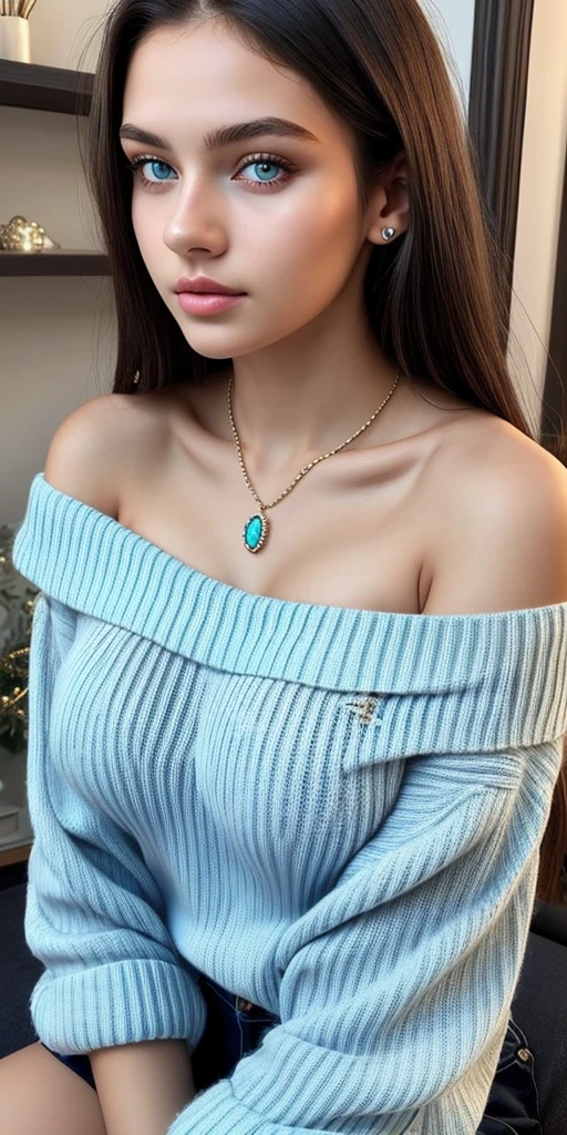 One Girl, Age 16 age, alone, Long Hair, instagram model, skinny, View your viewers, Blonde hair, Bare shoulders, huge natural breast 36DD, dark makeup, posing, whole body image, Blue eyes, gem, necklace, Off the shoulder sweater, Realistic, curvy, Sexy, cute face, ultra detailed