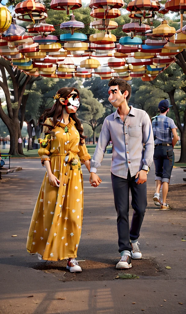 a happy couple holding hands, smiling, with a park in the background

