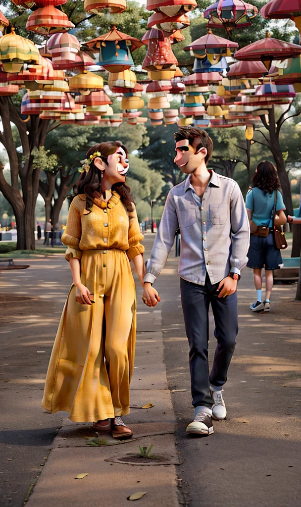 a happy couple holding hands, smiling, with a park in the background