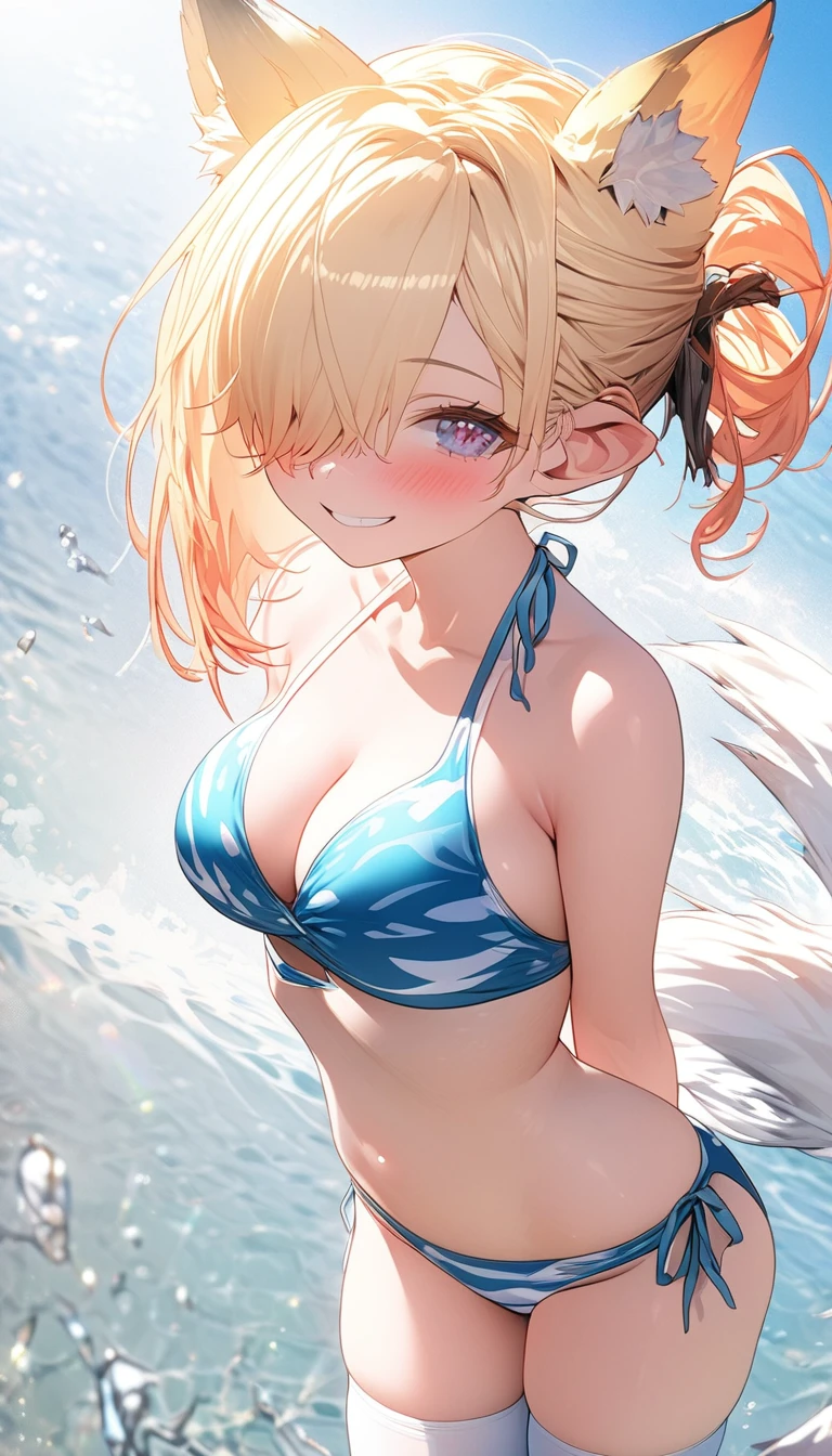 (8k, 4k, Masterpiece, Ultra quality, Ultra detail, HDR, Anime, Brighter colors), (1girl, Kitsune ears, medium hair, Bangs over one eye, 2-tone hair, Tied hair, Blush,smiling, breasts, (swimsuit, thigh highs), Standing , Hands behind back, plain background