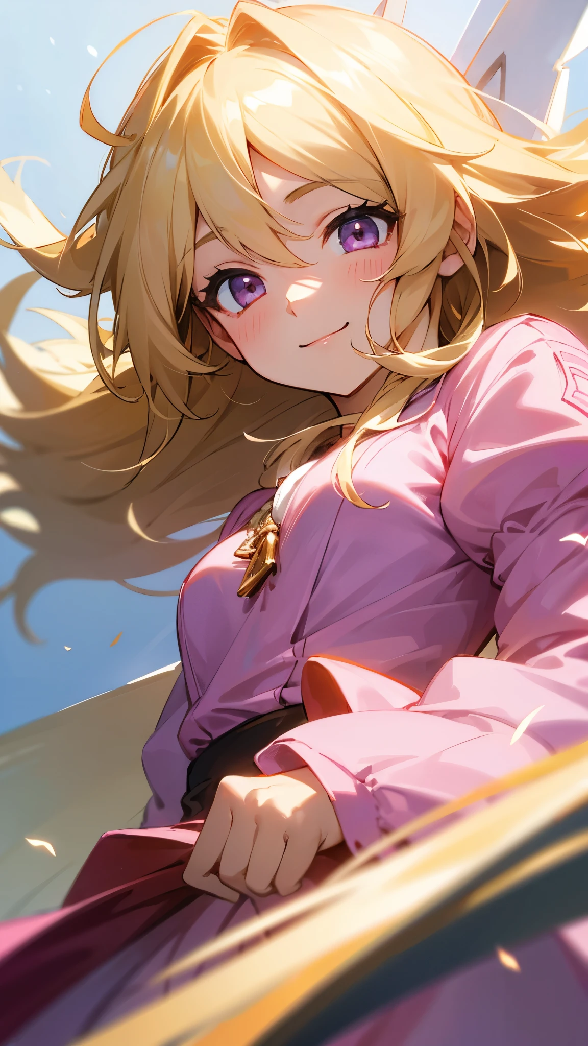 Highest quality、 masterpiece、Upper body close-up、Smiling woman、Windblown Blonde、Shining Eyes、collective phobia、Light clothing、Pink clothes