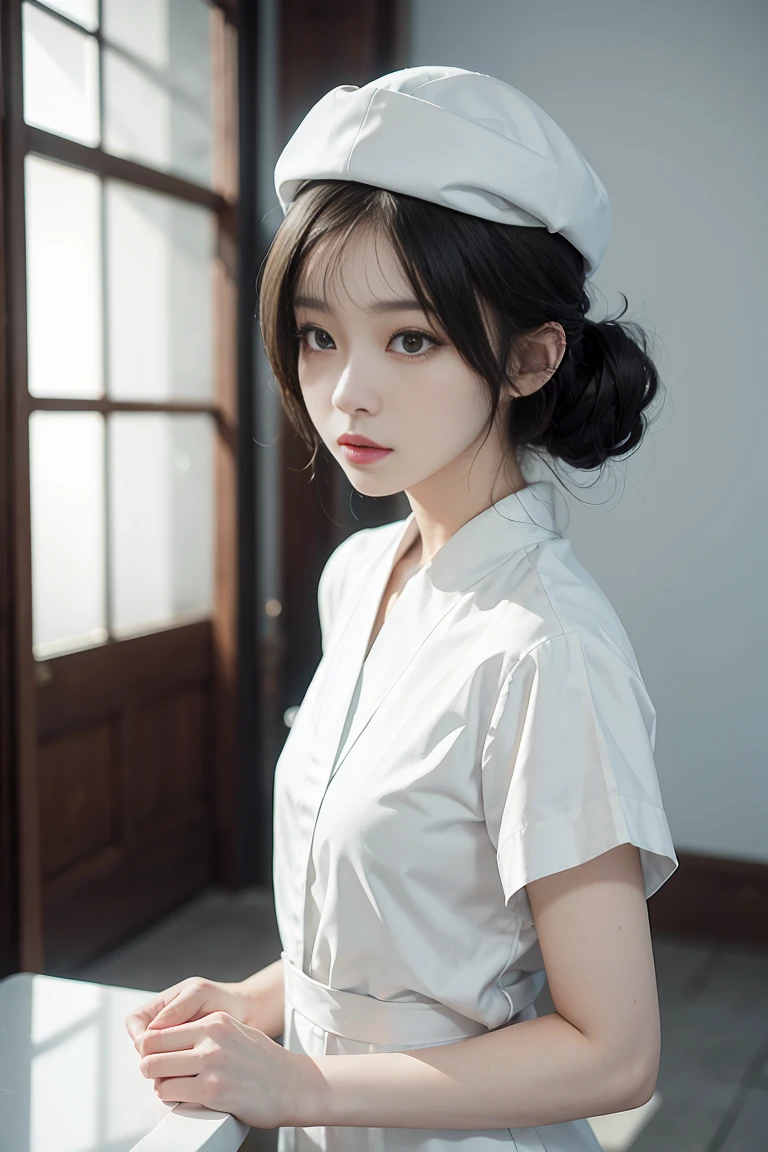 oriental young woman, black ducktail, upper body, face, facing camera, white short-sleeved Japanese nurse long suit, white long pants, white nurse shoes, white button, background is flat white wall, 8K, high detail, wide angle view, cinematic --no nurse cap --no hat
photorealistic, ultra-detailed, 8K resolution, cinematic Dramatic composition, atmospheric --ar 16:9 --stylized 1000 --chaos 30 --V 5
