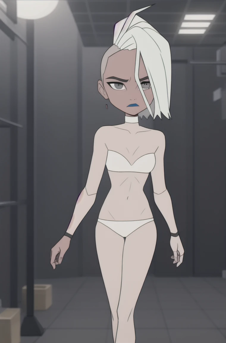 (dark theme:0.6), Glucose, 1 woman, mature and rough face, wrinkles on the face, Aging face, cheekbones на лице, cheekbones, old age Alone, короткие White hair, sexuality, inflated arms, black bra, Black bikini, figure top-models, pumped up thighs, long legs, high growth, Height 1,75 m costs, completely naked body, Sun, wound, in the apartment, walks through the club, flowers 1.2), White hair, haircut-barbershop, Straight hair, pomade, decrease,  I look at the viewer, grey eyes, sharp image, crop top, (HDR:1.22), Clear drawing, muted colors, hyper-detailed, art [[Jordan Grimmer]], 