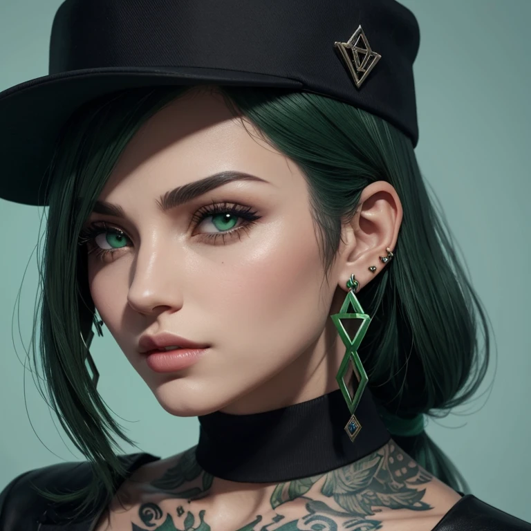 Mafia avatar, game avatar, woman, full face image, tattoo, earrings, hat, green theme