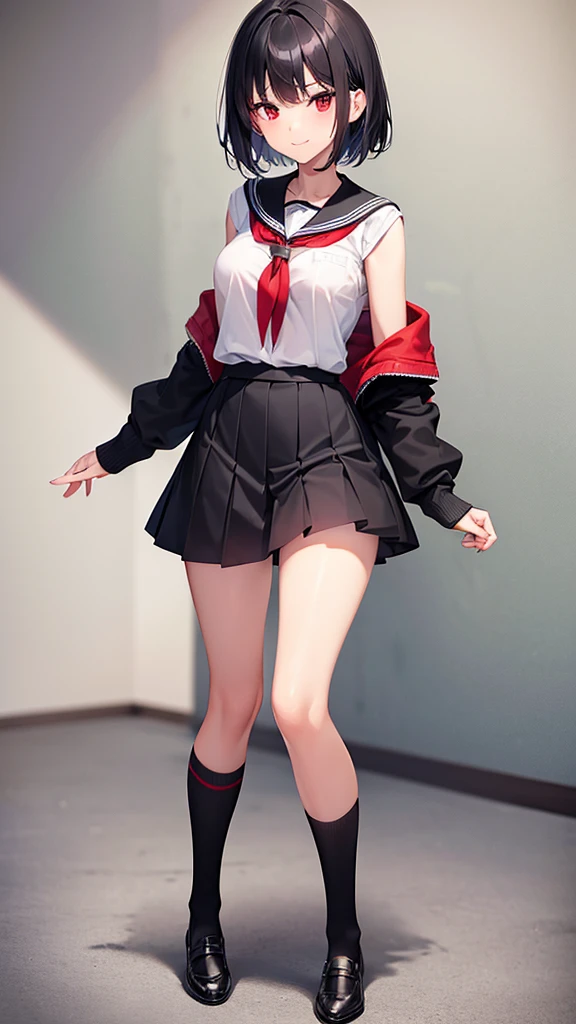 ( Absurd , high quality , Super detailed, Watch your hands,Pay attention to the shape of your legs )Black short hair,Red eyes,Small breasts,Sailor suit,Skirt length up to the knees,high school girl,In a school classroom,smile,Socks are above the knee,Black socks