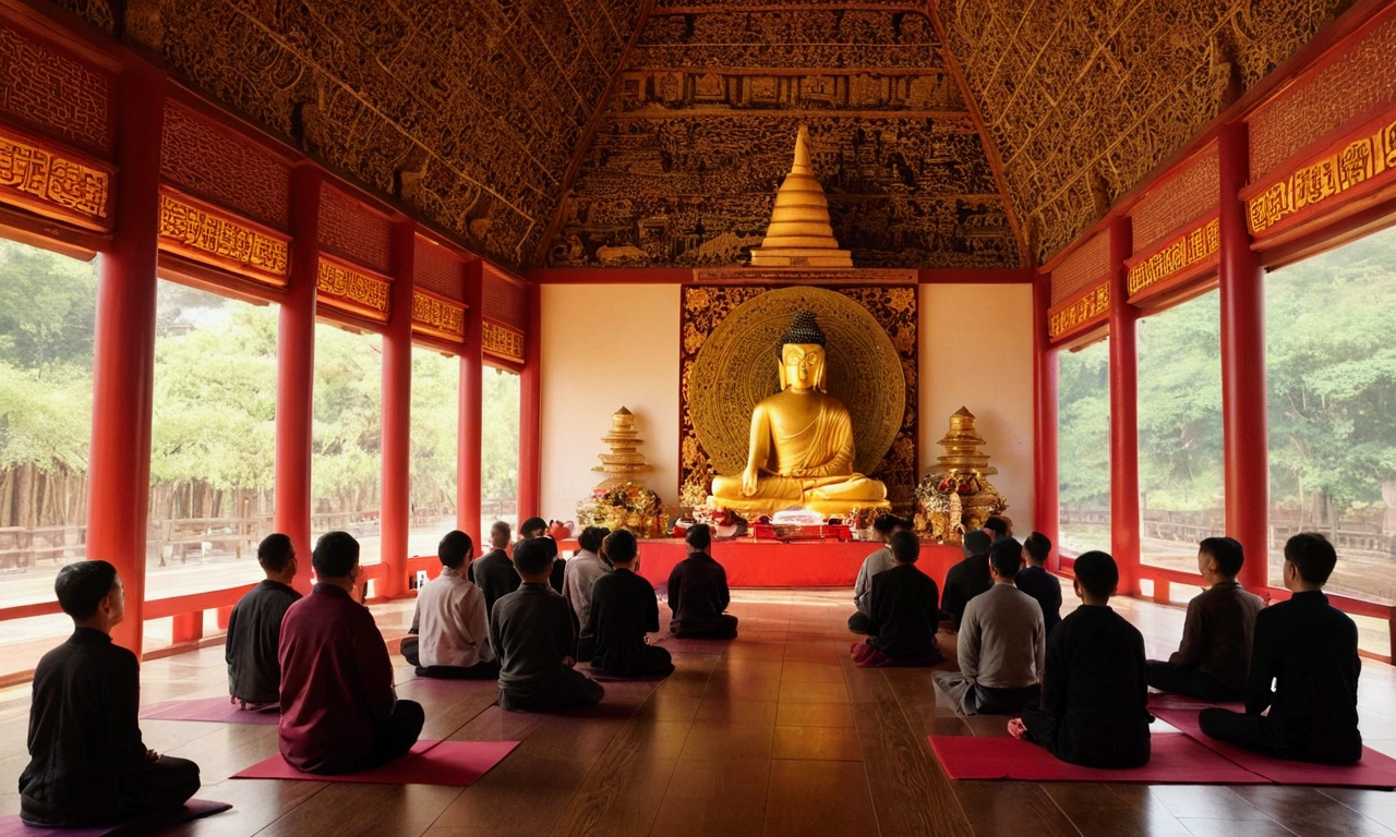 ，masterpiece, Highest quality，8K, Ultra-high resolution，Inside the quiet stupa，Reflecting the faint morning light。A huge Buddha statue stands in the center of the hall.，It is written in life，Every detail has been carefully carved by the artist。The Buddha image sits solemnly in the lotus position，There is an atmosphere of holiness。The sunlight shining through the top window、casts dappled light and shadows，The whole hall is peacefully illuminated。

The Buddha statue is majestic，The impressive details、Make it look real and dynamic。Buddha's eyes shone brightly，It seems that you can see through the troubles of the world.。Detailed hand carving、Reveals the texture of your fingertips and your calm posture，Creates a sense of detached meditation。The golden robe shimmered softly in the light，It was like a splendor from heaven。

A group of devout believers gathered around the temple，They were in awe to worship Buddha statues，Kneeling on the ground,meditate on the scriptures。Their appearance is wrapped in a warm glow，The outline is clearly visible。The walls of the hall are covered with colorful prayer flags.，Sway gently in the breeze，Adds a mysterious and grand atmosphere to the entire space。