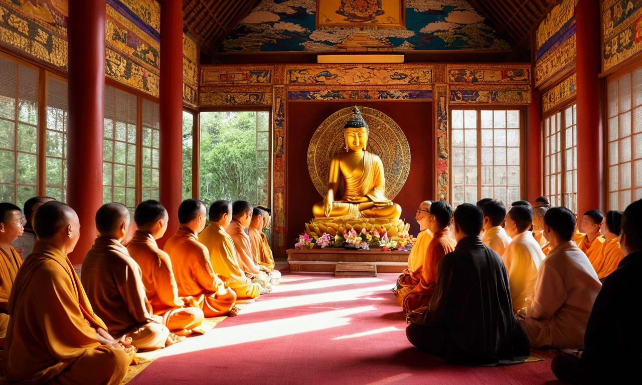 ，masterpiece, Highest quality，8K, Ultra-high resolution，Inside the quiet stupa，Reflecting the faint morning light。A huge Buddha statue stands in the center of the hall.，It is written in life，Every detail has been carefully carved by the artist。The Buddha image sits solemnly in the lotus position，There is an atmosphere of holiness。The sunlight shining through the top window、casts dappled light and shadows，The whole hall is peacefully illuminated。

The Buddha statue is majestic，The impressive details、Make it look real and dynamic。Buddha's eyes shone brightly，It seems that you can see through the troubles of the world.。Detailed hand carving、Reveals the texture of your fingertips and your calm posture，Creates a sense of detached meditation。The golden robe shimmered softly in the light，It was like a splendor from heaven。

A group of devout believers gathered around the temple，They were in awe to worship Buddha statues，Kneeling on the ground,meditate on the scriptures。Their appearance is wrapped in a warm glow，The outline is clearly visible。The walls of the hall are covered with colorful prayer flags.，Sway gently in the breeze，Adds a mysterious and grand atmosphere to the entire space。