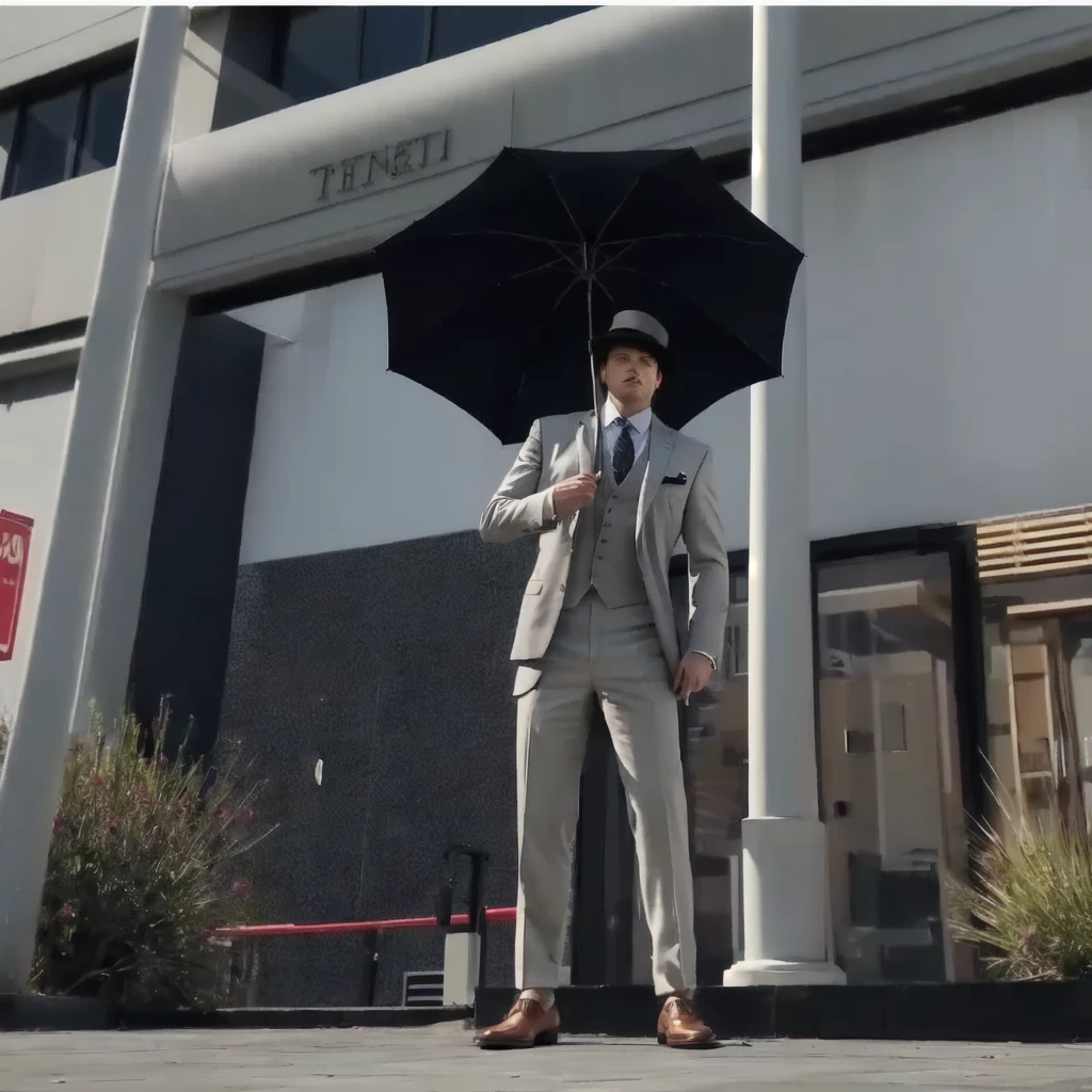 realistic, there is a man in a suit and tie holding an umbrella, detective clothes, ferred - themed robes and hat, realistic