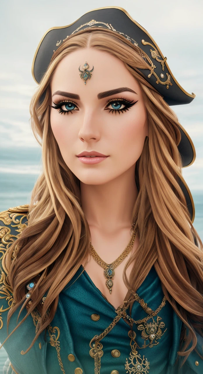 beautiful female pirate with hat, pirate captain, detailed face, beautiful eyes, full lips, long eyelashes, ornate pirate hat, feather in hat, intricate pirate outfit, embroidered coat, shiny jewelry, holding sword, stormy sea background, dramatic lighting, cinematic, vibrant colors, highly detailed, photorealistic