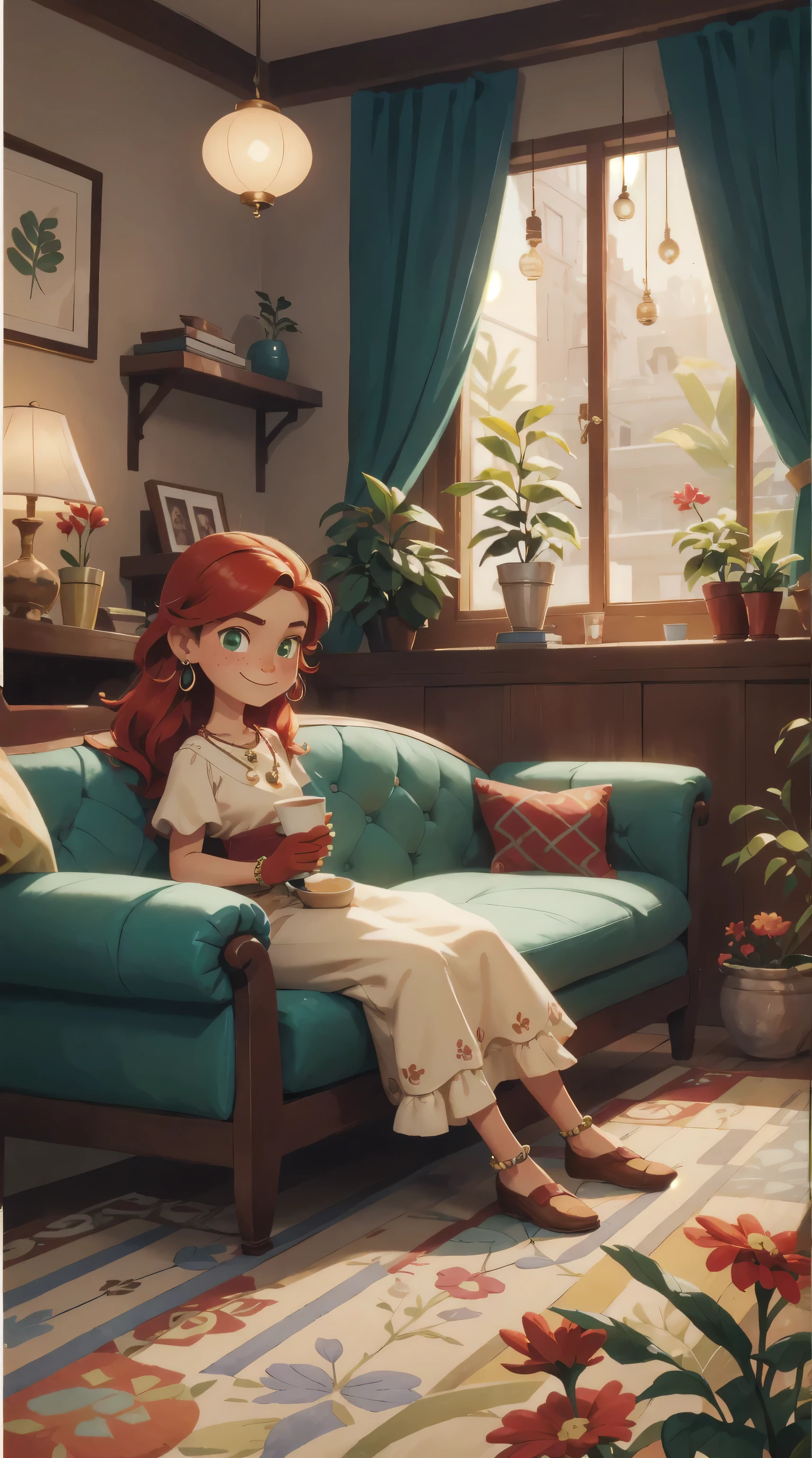 Concept Art,character illustration of a,European and American cartoons,(whole body:1.5),Mid-Long View,carpet,(Looking at the camera),shoe,A 20-year-old blonde girl happily sits in the living room,Holding a Cup of coffee,happy,A laid-back expression,Relax,Leisure,European and American cartoons,1 Girl,freckle,Solitary,Jewelry,Green Eyes,Weaving,earrings,twin Weavings,necklace,Looking at the audience,Red hair,plant,Puff sleeves,bracelet,Smile,Long hair,puffy short sleeve,Necklace,dress,flower,Coffee Cup,Gloves,earrings,Jewelry,Elbow Gloves,Cup,sit,sofa,window,sofa,living room,solo,Looking at the camera,Look at the audience,