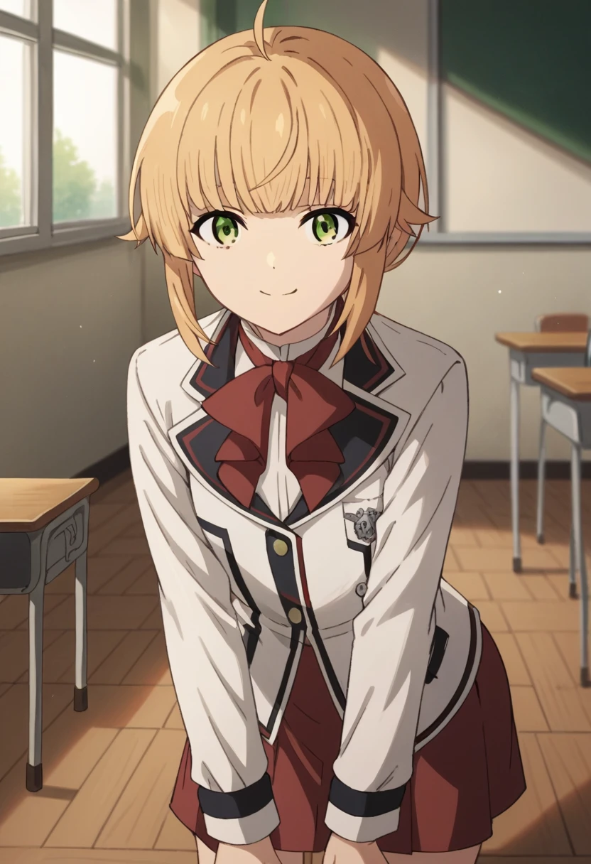 NSFW，score_9, score_8_up, score_7_up, source_anime,
norngreyrat, norn greyrat, bangs, blonde hair, green eyes, ahoge,
long sleeves, bow，jacket, bowtie, red bow, skirt, red skirt, white jacket,
indoors, classroom, bent over, smile，skirt lift，show off your panties，
looking at viewer, cowboy shot