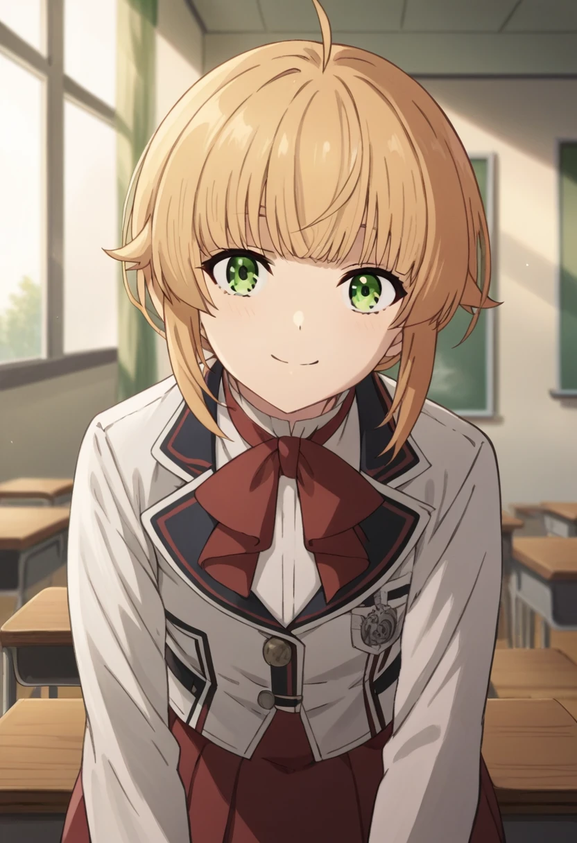 NSFW，score_9, score_8_up, score_7_up, source_anime,
norngreyrat, norn greyrat, bangs, blonde hair, green eyes, ahoge,
long sleeves, bow，jacket, bowtie, red bow, skirt, red skirt, white jacket,
indoors, classroom, bent over, smile，skirt lift，show off your panties，
looking at viewer, cowboy shot