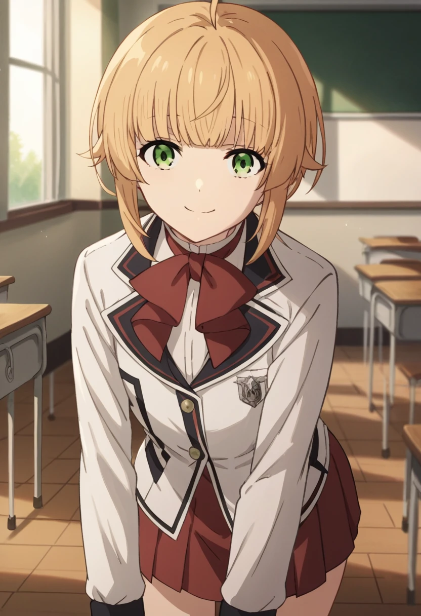 NSFW，score_9, score_8_up, score_7_up, source_anime,
norngreyrat, norn greyrat, bangs, blonde hair, green eyes, ahoge,
long sleeves, bow，jacket, bowtie, red bow, skirt, red skirt, white jacket,
indoors, classroom, bent over, smile，skirt lift，show off your panties，
looking at viewer, cowboy shot