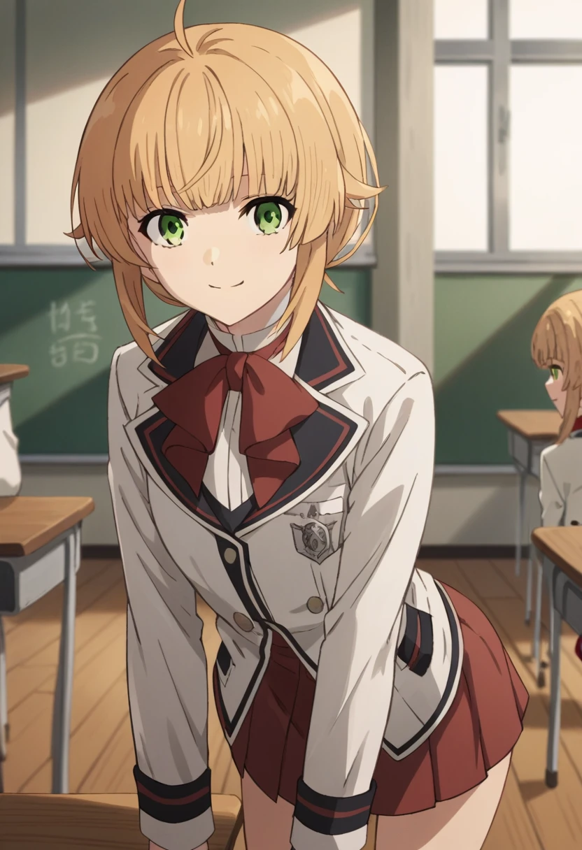 NSFW，score_9, score_8_up, score_7_up, source_anime,
norngreyrat, norn greyrat, bangs, blonde hair, green eyes, ahoge,
long sleeves, bow，jacket, bowtie, red bow, skirt, red skirt, white jacket,
indoors, classroom, bent over, smile，skirt lift，show off your panties，
looking at viewer, cowboy shot