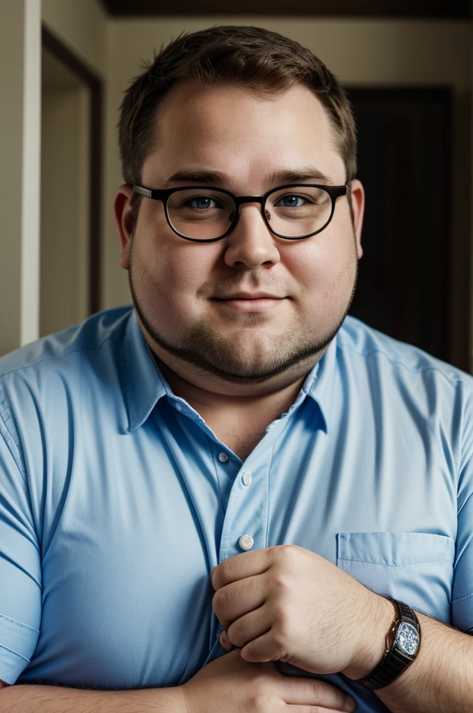 A fat, white man with glasses, a slightly chubby face, and short hair