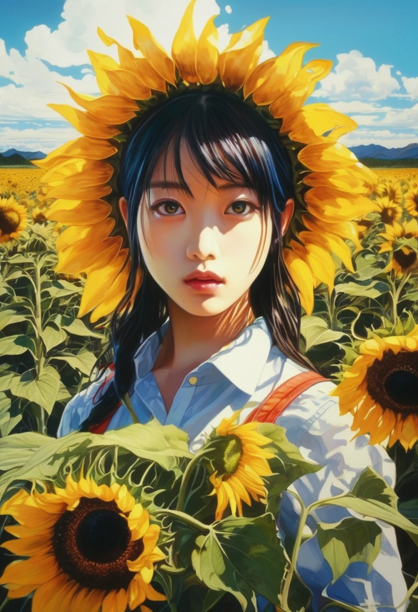 artwork:Katsuhiro Otomo 8km race, High resolution, A complex and intricate masterpiece, (Summer vacation:1.2), (Girl holding a bouquet of sunflowers:1.1)、Sunflower field、Beautiful Face、transparent, Glowing black eyes, Blue sky and brown eyeball, Medium Shot, Blue Hair, Organic Shapes, Hard Edge, Anatomically correct body, Ultra-realistic, elegant,Cinema Lighting, Very detailed, Vibrant colors, Octane Rendered Sunflower Bouquet、 Unreal atmosphere, Award-winning works, Bright and rich colors, iridescent accents, Dramatic Shadows,Dynamic and atmospheric lighting, Anamorphic Lens, Sharp focus,
An intricate and detailed masterpiece by Katsuhiro Otomo, Katsuhiro Otomo STYLE, Pop Surrealism, watercolor , Kanna Hashimoto