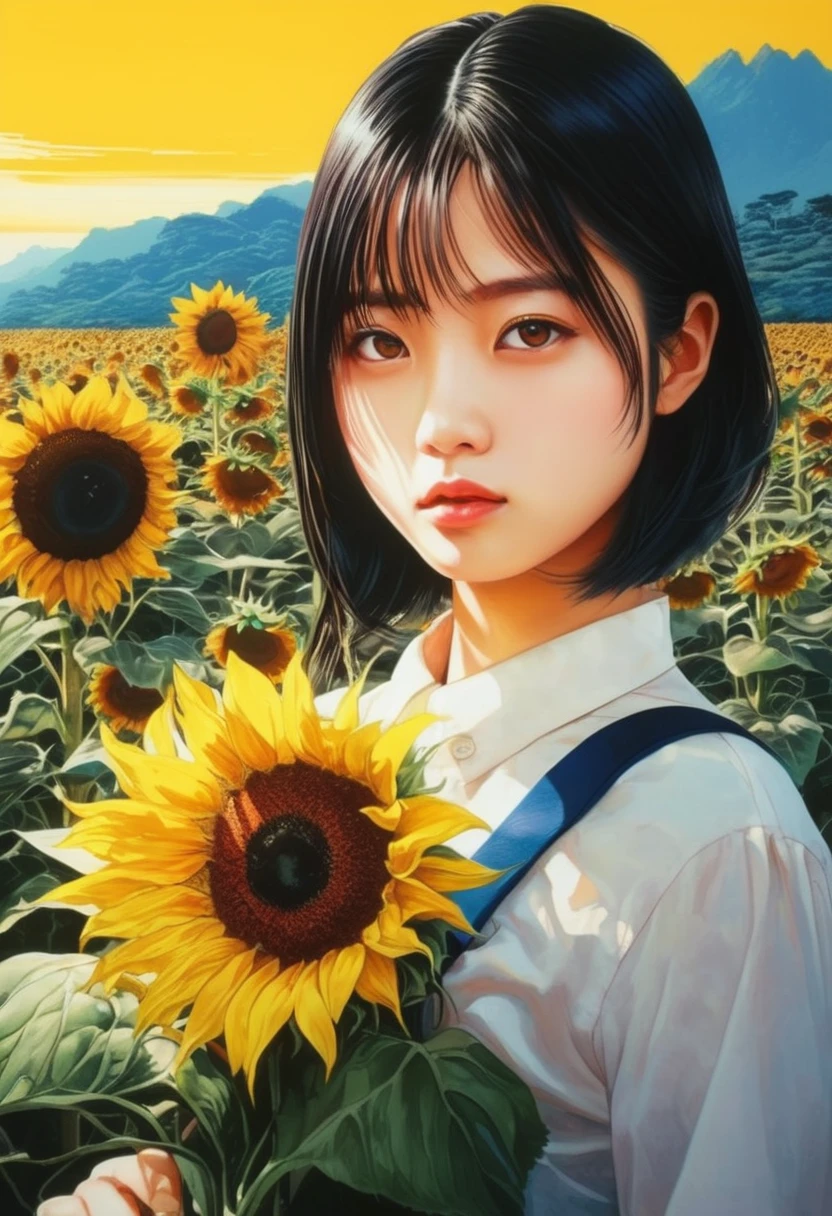artwork:Katsuhiro Otomo 8km race, High resolution, A complex and intricate masterpiece, (Summer vacation:1.2), (Girl holding a bouquet of sunflowers:1.1)、Sunflower field、Beautiful Face、transparent, Glowing black eyes, Blue sky and brown eyeball, Medium Shot, Blue Hair, Organic Shapes, Hard Edge, Anatomically correct body, Ultra-realistic, elegant,Cinema Lighting, Very detailed, Vibrant colors, Octane Rendered Sunflower Bouquet、 Unreal atmosphere, Award-winning works, Bright and rich colors, iridescent accents, Dramatic Shadows,Dynamic and atmospheric lighting, Anamorphic Lens, Sharp focus,
An intricate and detailed masterpiece by Katsuhiro Otomo, Katsuhiro Otomo STYLE, Pop Surrealism, watercolor , Kanna Hashimoto