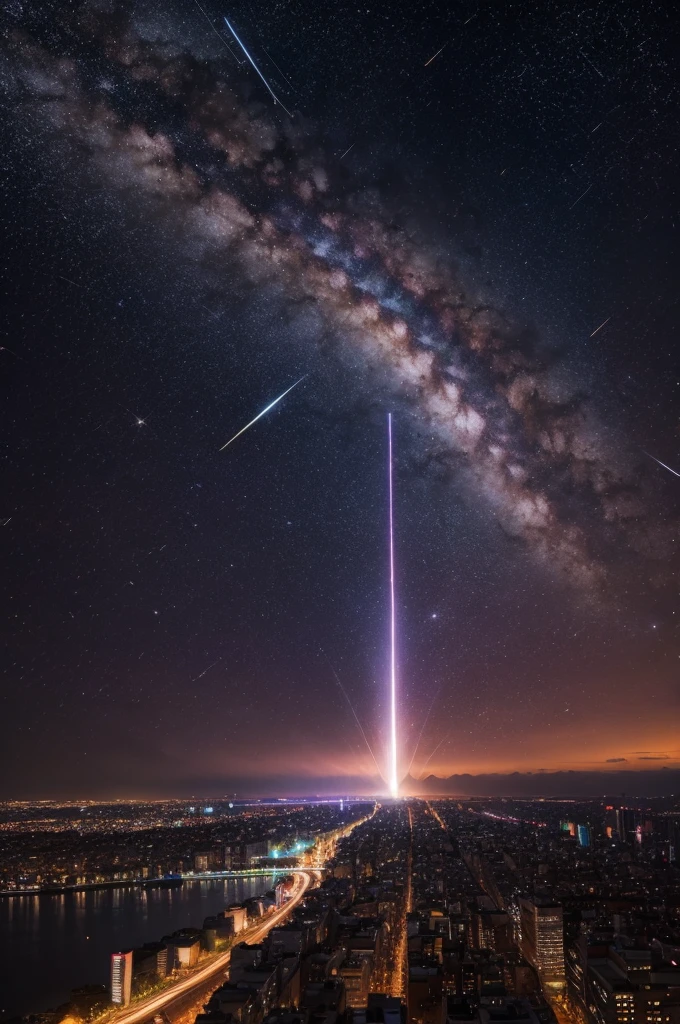 A meteor shower in the beautiful destructive colorful city 
