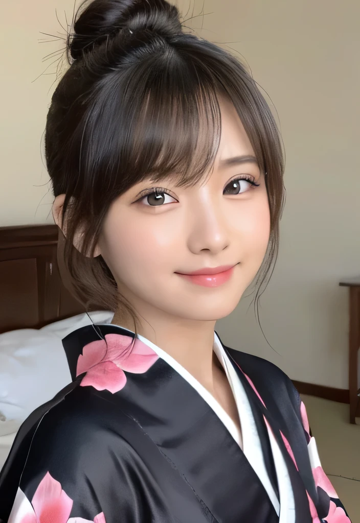 masterpiece, best quality:1.1), (8k, raw photo, photo realistic:1.2, f22), (shiny skin), detailed skin,Bun Hair,detailed face, detailed eyes,smile,BREAK, real world, intricate details, smil, BREAK, 1girl, full body,(kimono),BREAK, (tokyo:1.4), BREAK