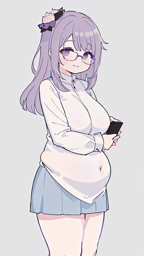 A woman wearing a short skirt is holding a cell phone, Tsk tsk, She has a jiggly, fat, round belly, , brother, big tummy, her belly is fat and round, Fat Chan, thick body, Tsk tsk build, (SFW) safe for work, brother proportions, Short full-length portrait!,,(big bust:1.5), (Black eyes with a slight purple tint:1.5), (Very white and long hair with a bluish tint, weak perm:1.5), (white sleeves wrapped around arms, oversized white shirt, oversized white shirt:1.5), (bare foot, round-rimmed glasses:1.5), (Belly Fat, muffin top, plump:1.5), (smiling faintly:1.5),